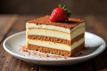 Individual tiramisu portion, showcasing texture and layers , culinary art, food styling, pastry