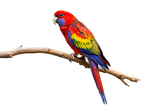 Vivid red, yellow, blue parrots resting on curved branch, feathers lush and details incredibly sharp, isolated on a transparent background.