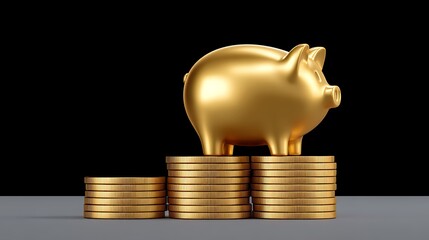 Golden Piggy Bank on Growing Gold Coin Stacks.