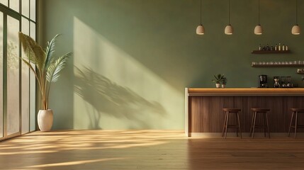 Modern cafe interior, warm sunlight filters through large windows, creating soft shadows on walls.  Wooden bar, light green walls, and neutral floors
