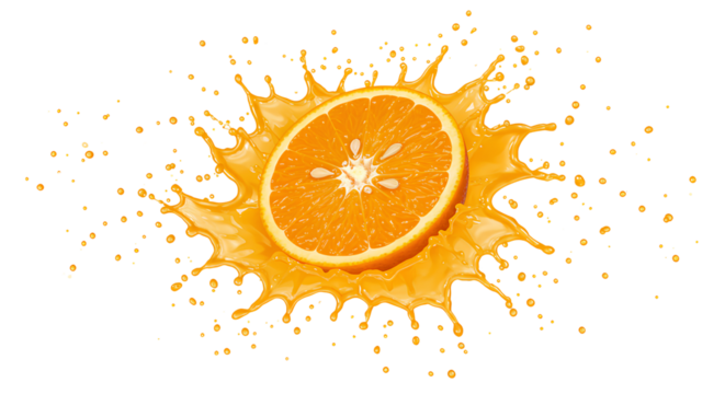 Fatia de laranja fresca com splash de suco em fundo transparente, conceito vibrante de frescor, energia e vitamina C.