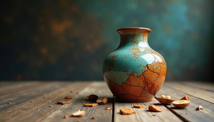 Shattered ceramic vase on a wooden floor, pieces scattered around , purple vase, texture, fragility