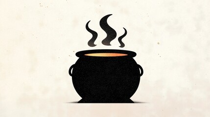 Black cauldron with steam rising, ideal for magic, Halloween, and potion - making themes. Stylized illustration for festive and mystical designs.