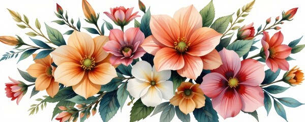 the image displays a beautiful arrangement of various flowers and foliage against a white background. the blossoms, rendered in soft hues of orange, pink, and cream, exhibit a delicate texture