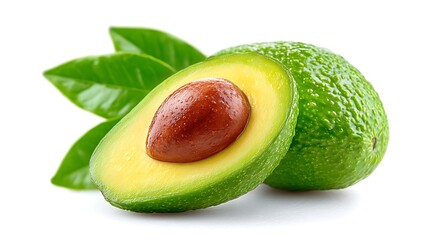 Ripe Avocado Halved with Leaves with Healthy Food.