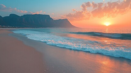 Coastal sunset over a serene beach.  Mountains meet the ocean