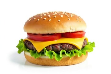 Isolated hamburger with cheese on white background , tomato, dinner