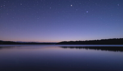 Serene night scene of a calm lake reflecting a starlit sky. Peaceful, dark, and tranquil.