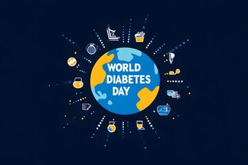 Naklejka premium Illustration of world diabetes day with global icons on a dark blue background
