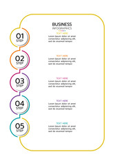 Business infographic template displaying five vertical, numbered circles connected to a rounded rectangle with a gradient outline from yellow to teal. Each circle is labeled 