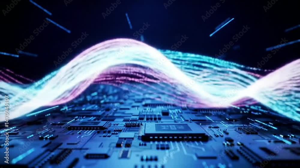 Poster abstract digital circuit board with flowing energy waves and glowing lines