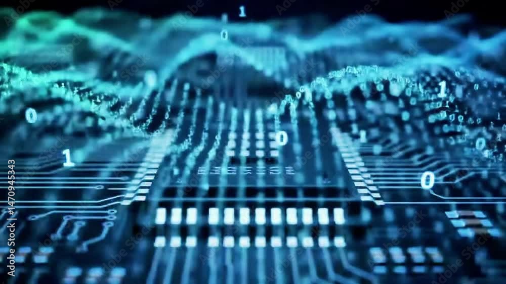 Fototapete Digital Circuitry with Binary Code Flowing Over a Computer Processor