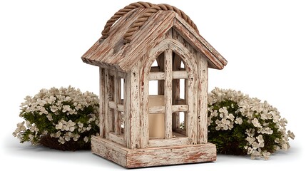 Rustic Wooden Lantern with Garden Decor, and Whitewashed Cottage Style.