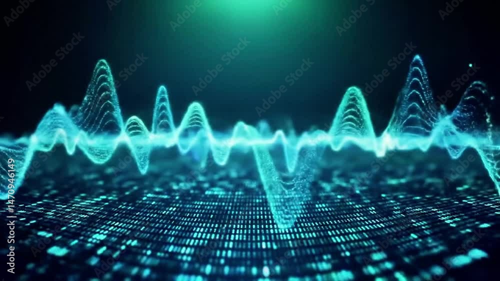 Poster abstract teal waveforms flowing over digital grid