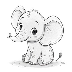 A black and white illustration of an elephant with a flower motif