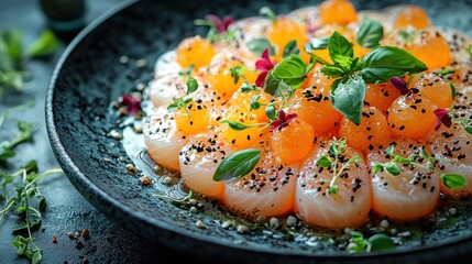 Obraz premium Seared fish rounds, citrus, herbs, seeds