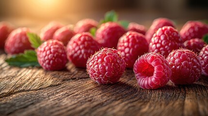 Fresh raspberries on rustic wooden surface