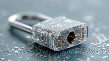 Transparent padlock with internal circuit details on a circuit board, symbolizing digital security and modern technology.