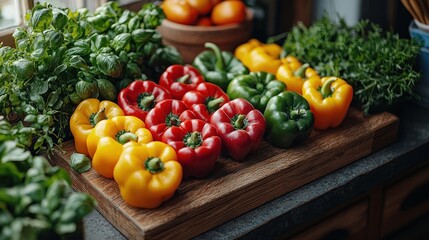 Colorful bell peppers and fresh herbs on a wooden board