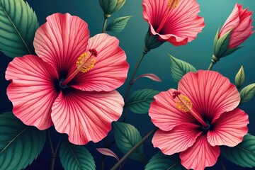 Bold hibiscus print, stylized petals, bold colors , flower, bright