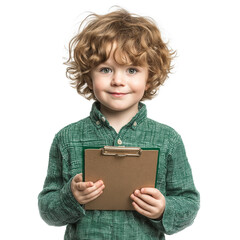 Young Boy Holding Clipboard – Isolated on Transparent Background