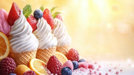 Delicious Frozen Yogurt Cones with Fresh Berries and Citrus Fruits
