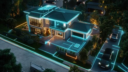 Modern Smart Home at Night. Aerial View. Possible stock photo use