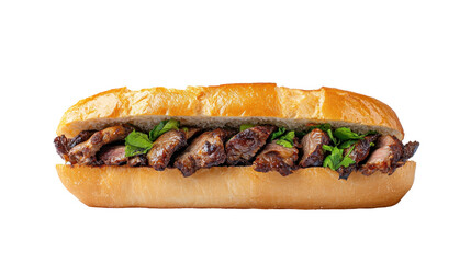 Grilled Steak Sub: A mouthwatering grilled steak sub overflowing with juicy, flavorful meat and crisp, fresh greens. The toasted baguette is perfectly golden and ready to be devoured.