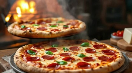 Freshly baked pizza with pepperoni and basil leaves on a wood table