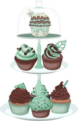 7 Mint Chocolate Cupcakes on a cute mint green 3 tier cake stand