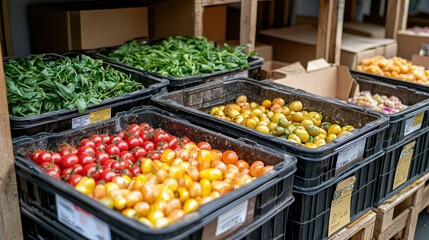 Obraz premium Freshly Harvested Produce in Black Plastic Crates at a Farm Stand or Warehouse