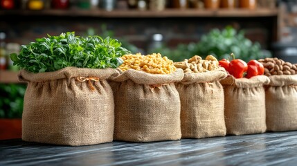 Fresh Herbs and Assorted Nuts and Grains in Burlap Sacks on Rustic Wooden Table