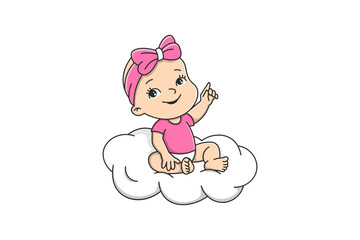 Cute Baby Girl Sitting on Cloud Cartoon Vector Illustration