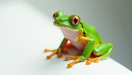 Obraz premium Green tree frog perched on white, vibrant skin, serenity, close-up