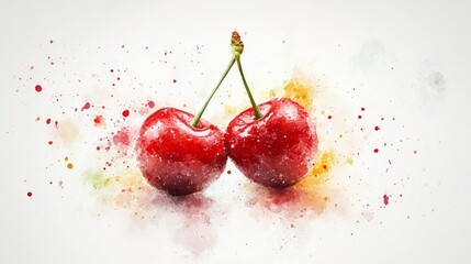 Two fresh cherries highlighted by colorful abstract paint splatters.