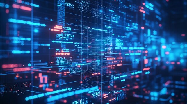 Abstract digital matrix with flowing data stream in blue and red hues and intricate code representation