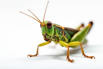 Magnified view of a grasshopper against white, isolated, legs