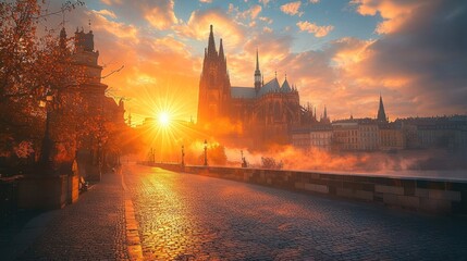 Naklejka premium Majestic sunrise over a city cathedral