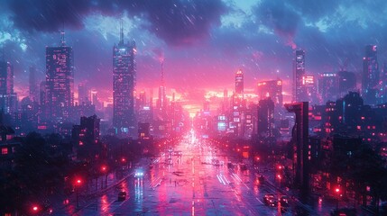 Fototapeta premium Neon-lit cityscape, rain-swept avenue, futuristic buildings