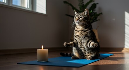 Striped Tabby Cat Meditating on Blue Yoga Mat Beside Candle in Natural Light Indoor