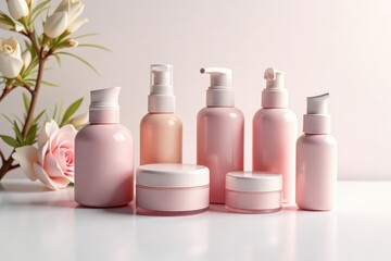 Set of various cosmetic containers on pristine white backdrop, collection, isolated, background