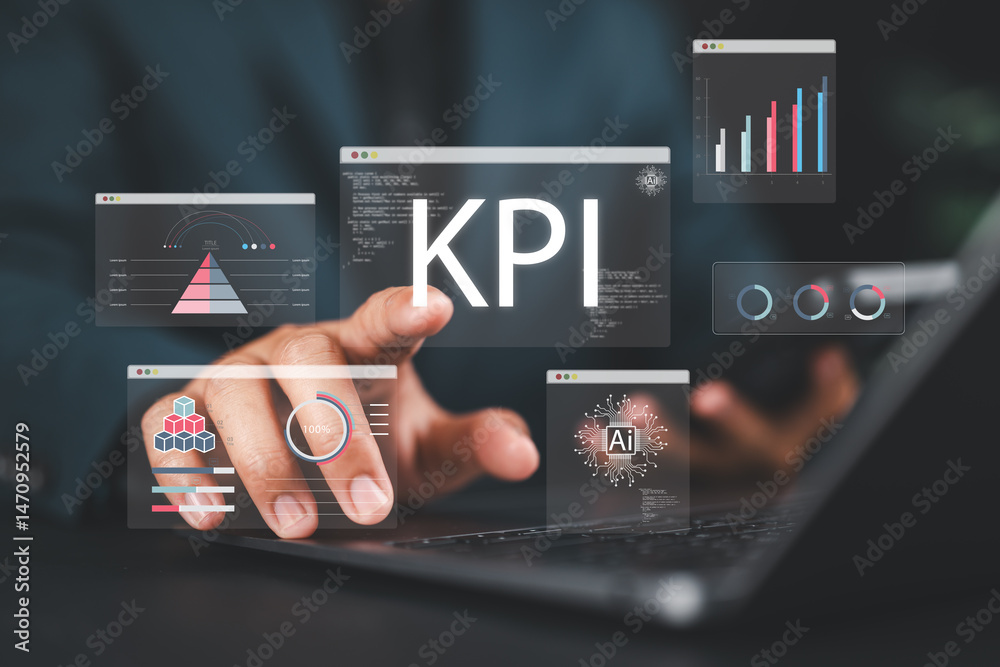 Poster Businessman analyzing KPI dashboard and data analytics using AI technology, graphs, showing charts and performance indicators for digital strategy, business intelligence and data visualization.