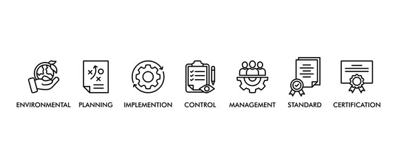 ISO 14001 BANNER WEB ICON VECTOR ILLUSTRATION CONCEPT WITH ICON OF ENVIRONMENTAL, PLANNING,IMPLEMENTION, CONTROL, MANAGEMENT, STANDARD AND CERTIFICATION