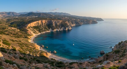 Fototapeta premium Coastal Bay with Clear Turquoise Water and Rocky Cliffs at Sunrise