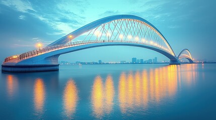 Obraz premium Modern arch bridge over tranquil water at dawn