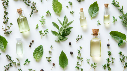 Essential oil dropping from leaf to bottle. .Aromatherapy on white background 
