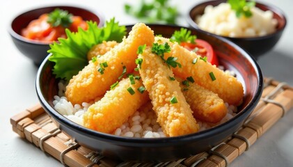 Fototapeta premium Various tempura, udon, and vegetables on white , oriental, lunch, udon