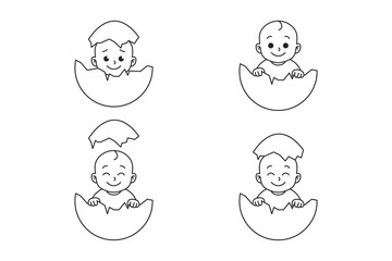 Cute baby boy hatching from egg black outline vector set