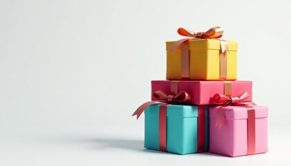 Fototapeta premium Colorful stacked gifts with festive ribbon bows on white background, joyful, celebration