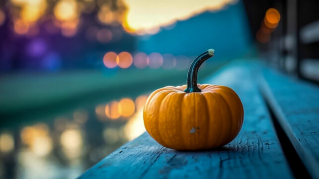 A close-up photograph of a small orange pumpkin with a black stem on a blue-gray surface. The pumpkin has a textured, bumpy surface and is perfectly round
